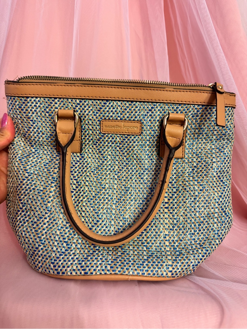 👜Nanette Lepore Blue/Beige Satchel Top Handle Zip & Magnetic Lined Gold HW